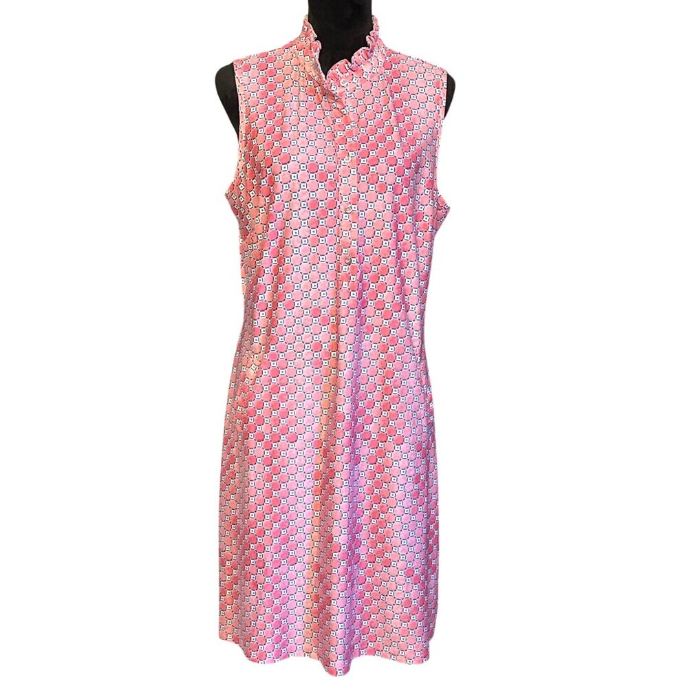 Vintage Pappagallo Sleeveless Pink Geometric Ruffle Collar Dress